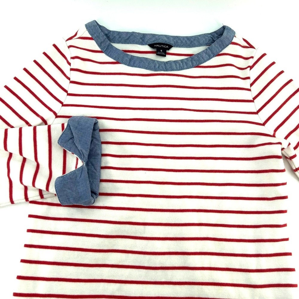 Nautica Womens Small Red White Striped Knit Top Blue Chambray Trim 3/4 Sleeve